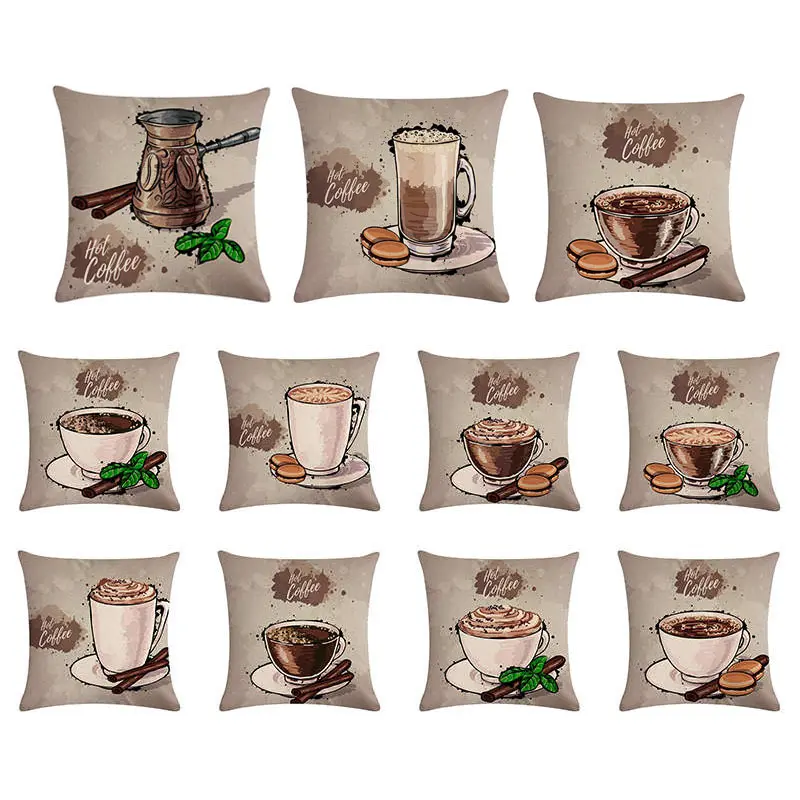 

European Style Cotton Linen Square Decorative Pillows Coffee Cup Printed Cushion Cover Home Office 45x45cm Throw Pillow Cover