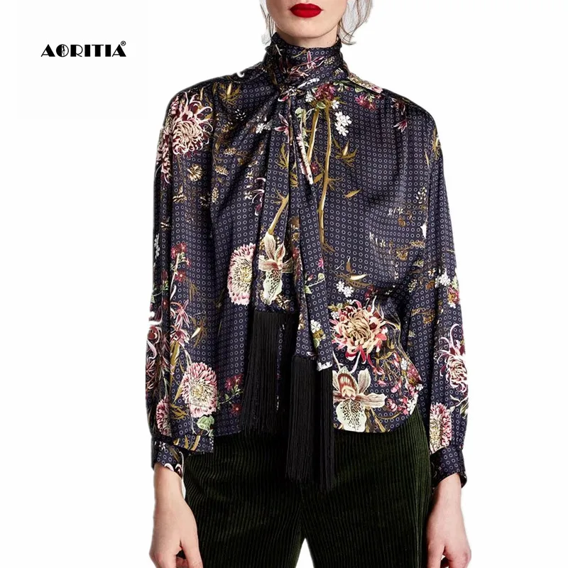 Женская блузка с длинным рукавом рубашка цветочным принтом и бантом весна 2019 |