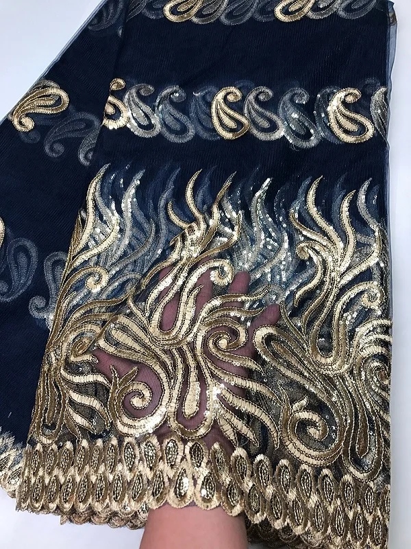 

French Net Lace Fabric 2018 Latest African Guipure Lace Fabric with Embroidery Mesh Tulle Gold Cord Sequins Lace Fabric A18B12