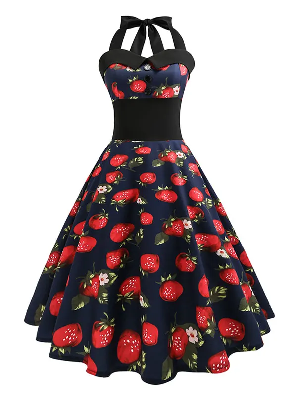 

Vintage Dress Women Strawberry Print Halter Buttons Summer Dress
