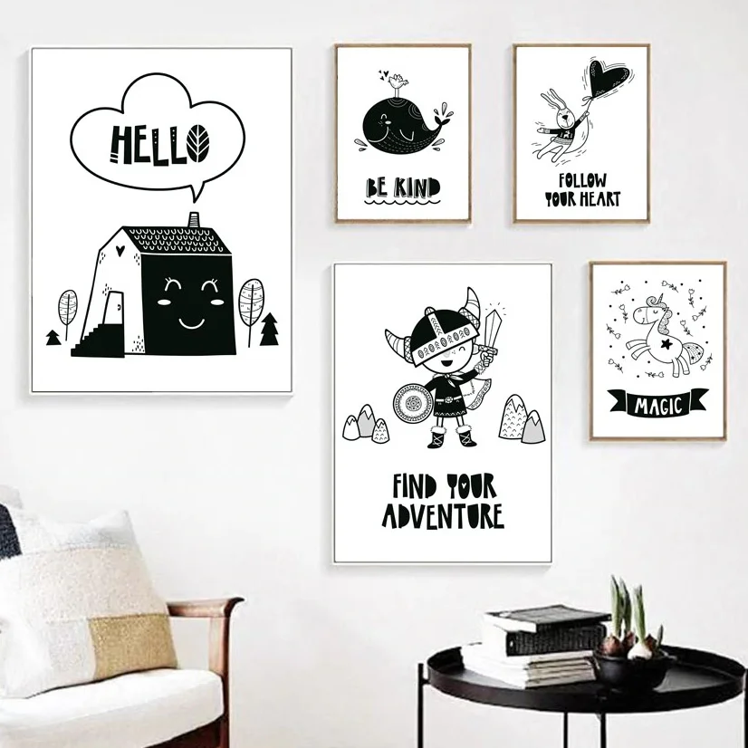 

Black White Cartoon House Boy Whale Rabbit Unicorn Nordic Posters And Prints Wall Art Canvas Painting Wall Pictures Kids Room