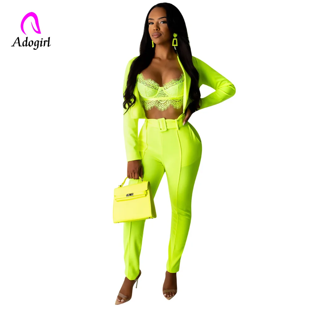 Adogirl неоновый Блейзер Женский костюм для отдыха Модный комплект из двух предметов официальный Женский блейзер с длинными рукавами укороченный топ+ брюки-карандаш с поясом