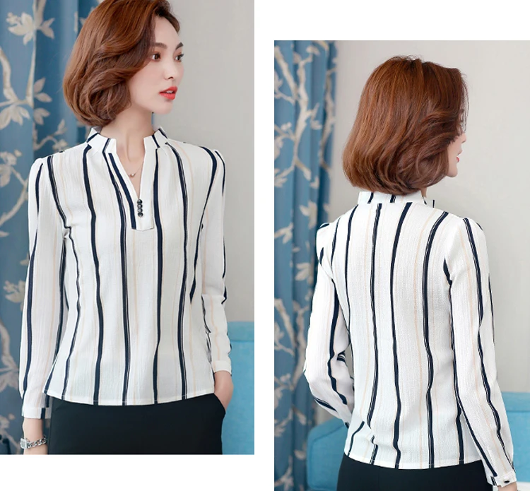 Женская шифоновая блузка, рубашка,, женская одежда, длинный рукав, Blusas, шифон, женские офисные блузки, с принтом, в полоску, в горошек, для девушек, OL, Топ
