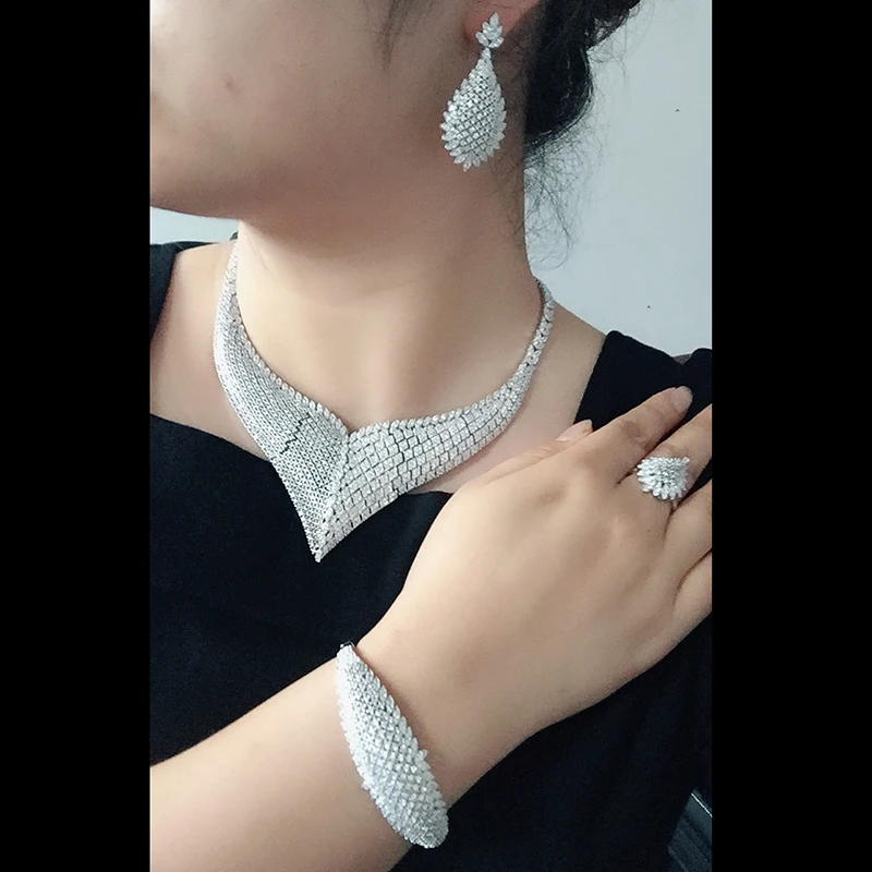 

Hadiyana Luxury Cubic Zirconia Brand Jewelry Set Asymmetrical Wedding Jewelry 4pc Sets For Nigerian Women Dress Accessory NC763