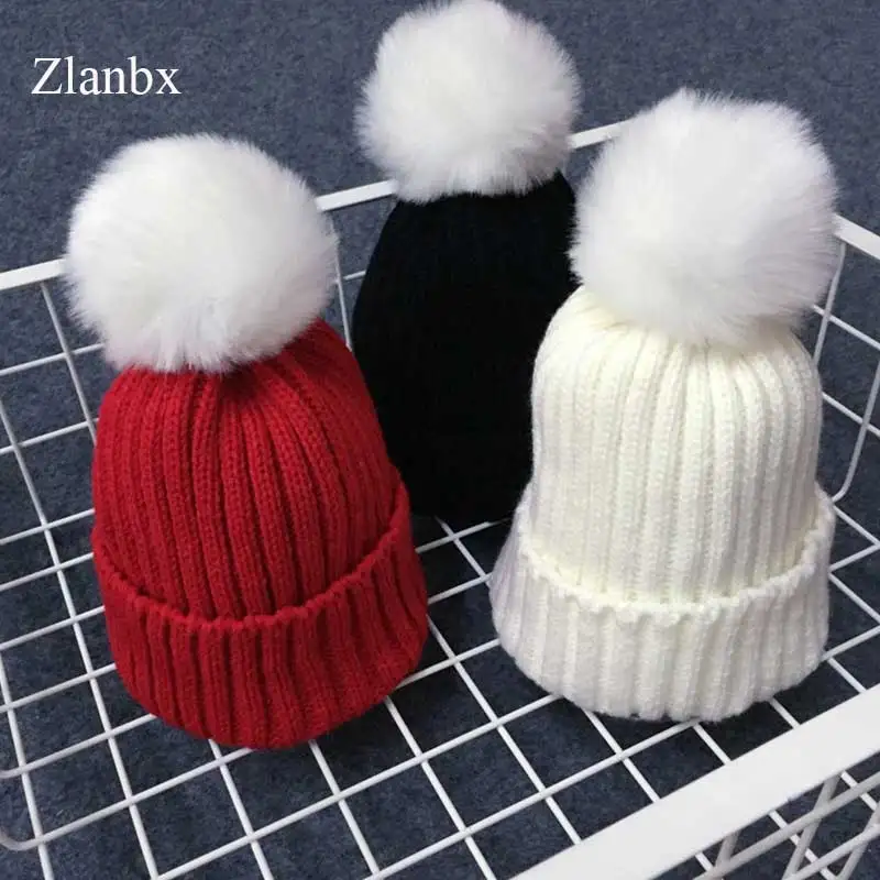 Детская Зимняя Шапка бини с помпон искуственным мехом вязаные шапки для детей