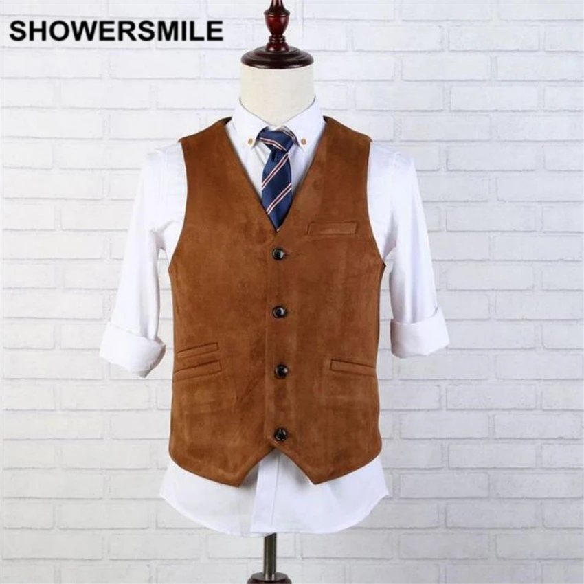 SHOWERSMILE брендовый замшевый жилет мужской коричневый кожаный жилет без рукавов осенне-зимний винтажный приталенный Chaleco стильный жилет
