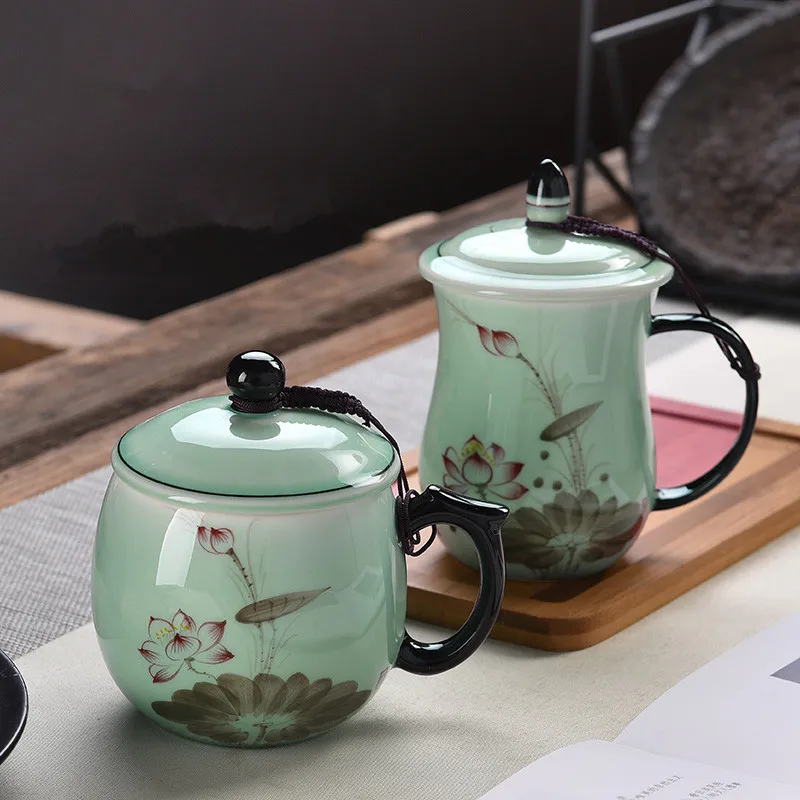 Новое поступление китайский Стиль Лотос чайные кружки с крышкой Celadon ФАРФОР фильтр чайные чашки бутылка для воды офисная посуда для напитков подарок