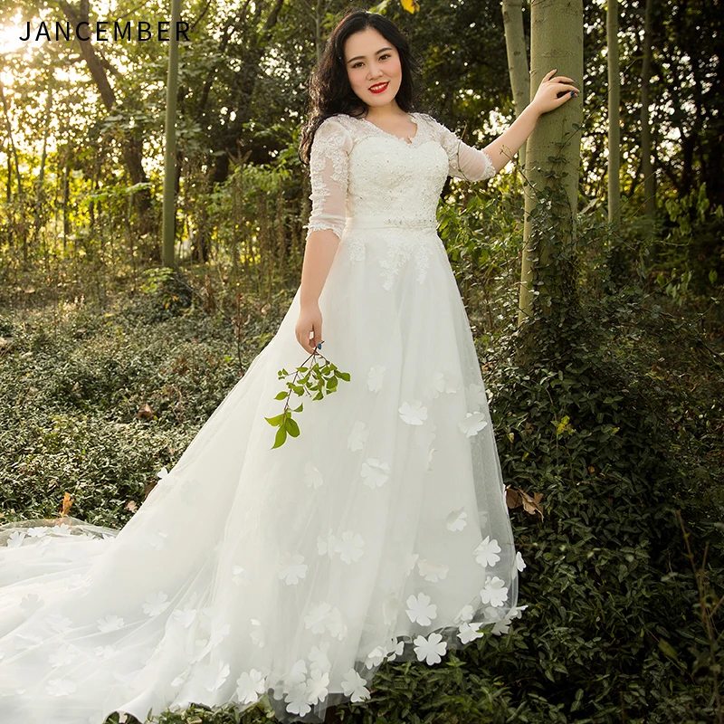 JANCEMBER Свадебные платья больших размеров иллюзия v образный вырез тюль половина