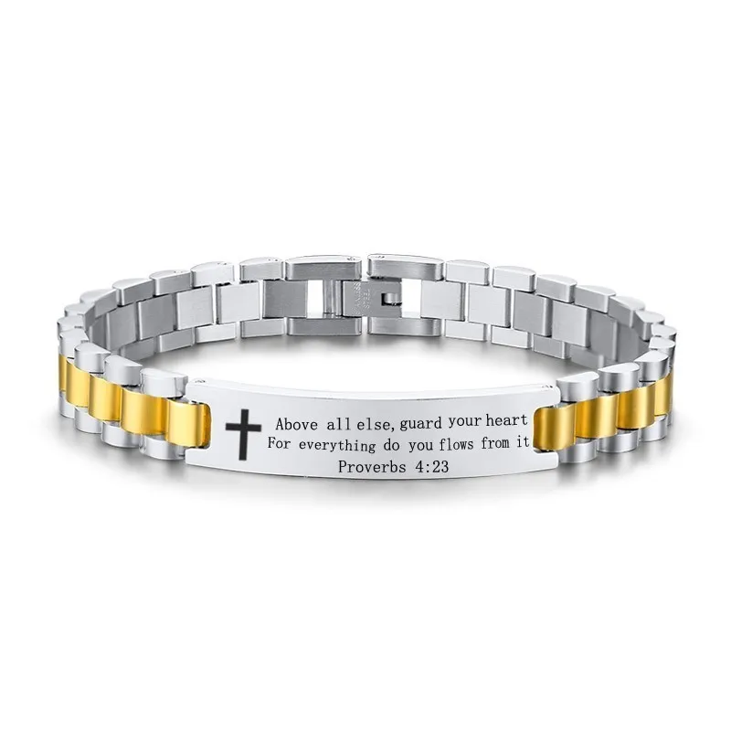 KT-517 Vnox Mens Cross Bracelet Religious ID Chain Bangle with Bible Verse Christian Gifts for Church Personalized Custom Jewelry - Окраска металла: KT-517