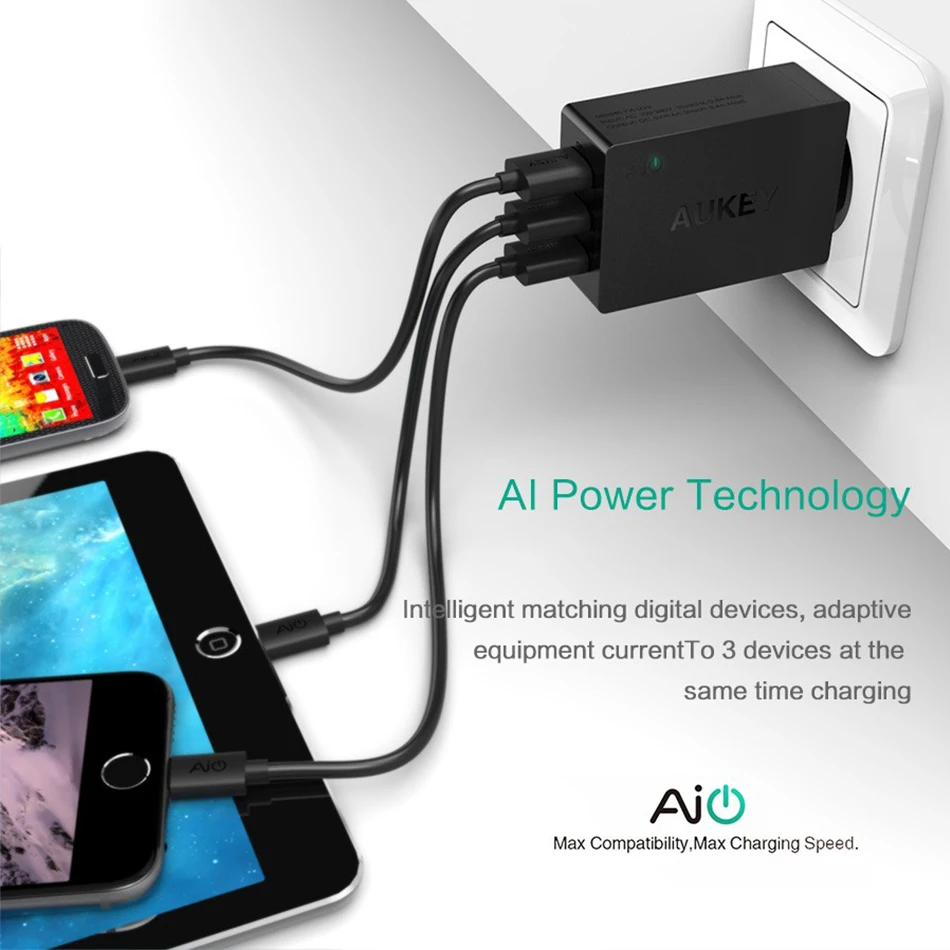 AUKEY Универсальный USB Зарядное устройство 3 Порты 30 Вт 5 В/6A Портативный Путешествия