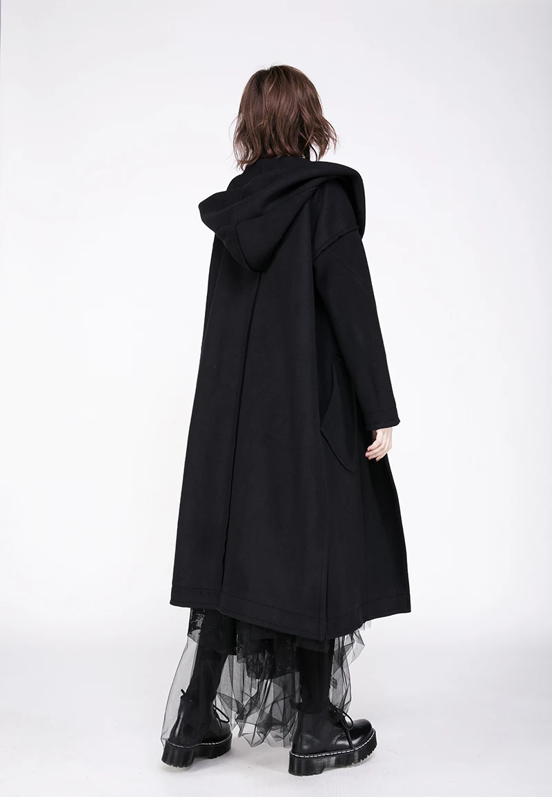 [EAM] New Winter Hooded Collar Long Sleeves Pockets Loose Big Side Split Long Big Size Jacket Women Coat Fashion Tide JY521