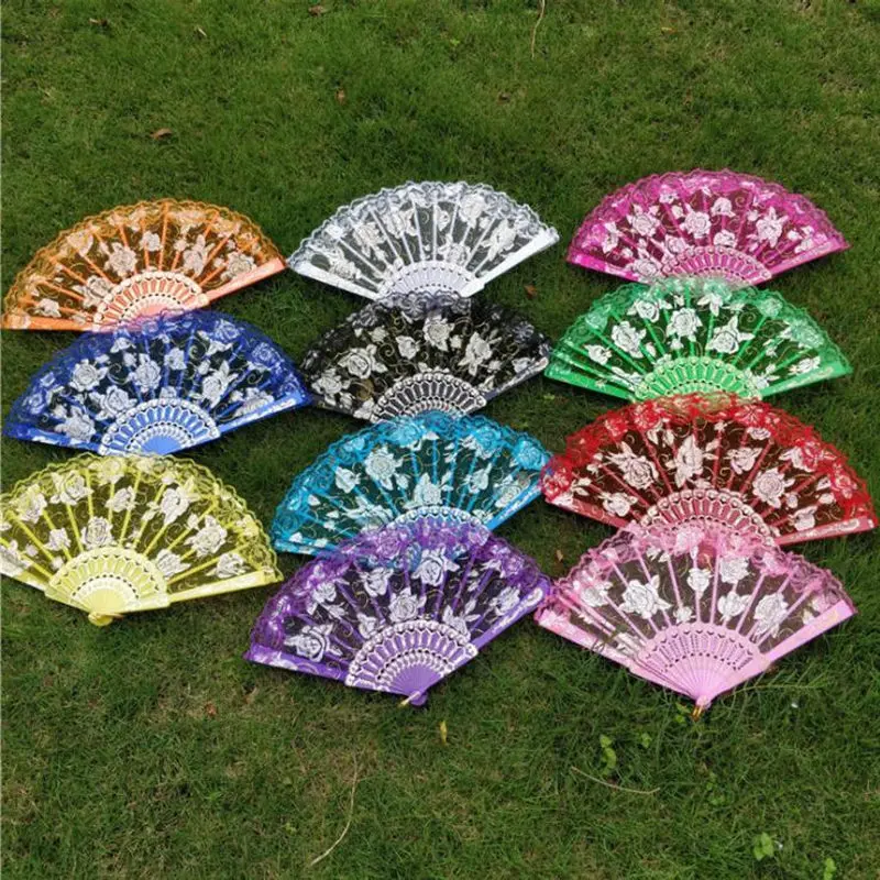 

Traditional style Plastic Folding Fan Cloth Chinese Style Rose Lace Souvenir Gold Stamping women Gift new arrival F20174030