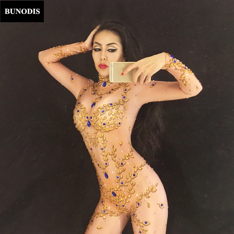 BU058 Gold Queen Full Of 1600 PCS Sparkling Crystals Stones Jumpsuit Christmas Celebrate Nightclub Performance Stage Bodysuit | Женская