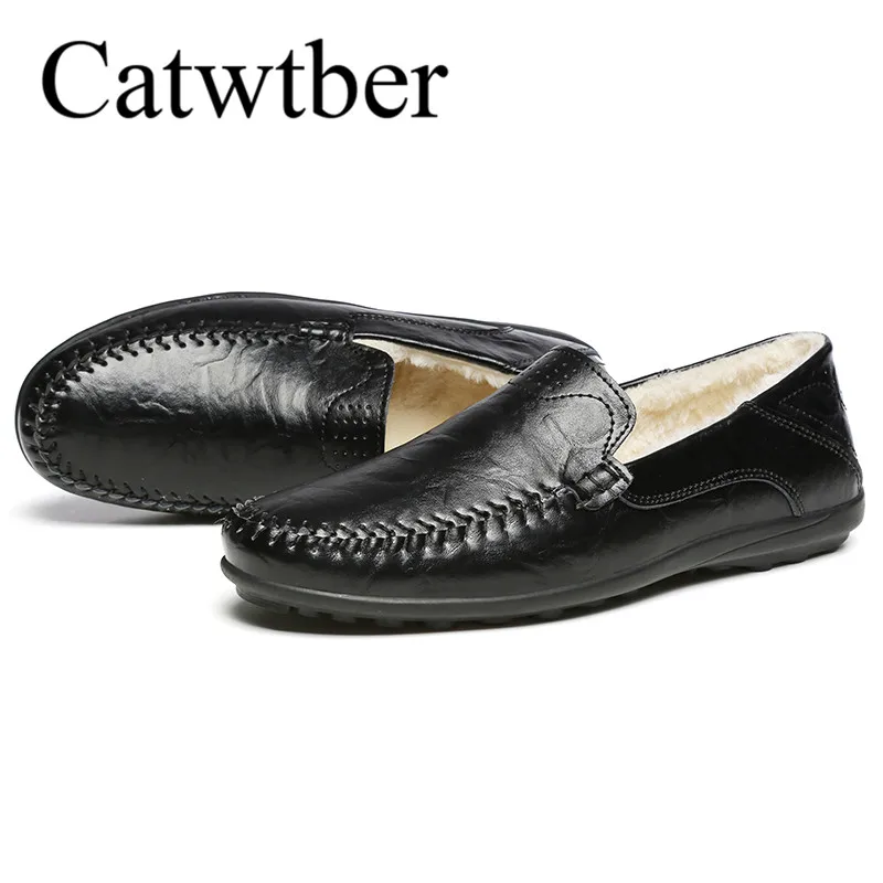 Catwtber New Winter Fashion Men Casual Loafers Driving Shoes Man Comfortable Lace-up Shoe Male Outdoor Warm With Fur Plush | Обувь