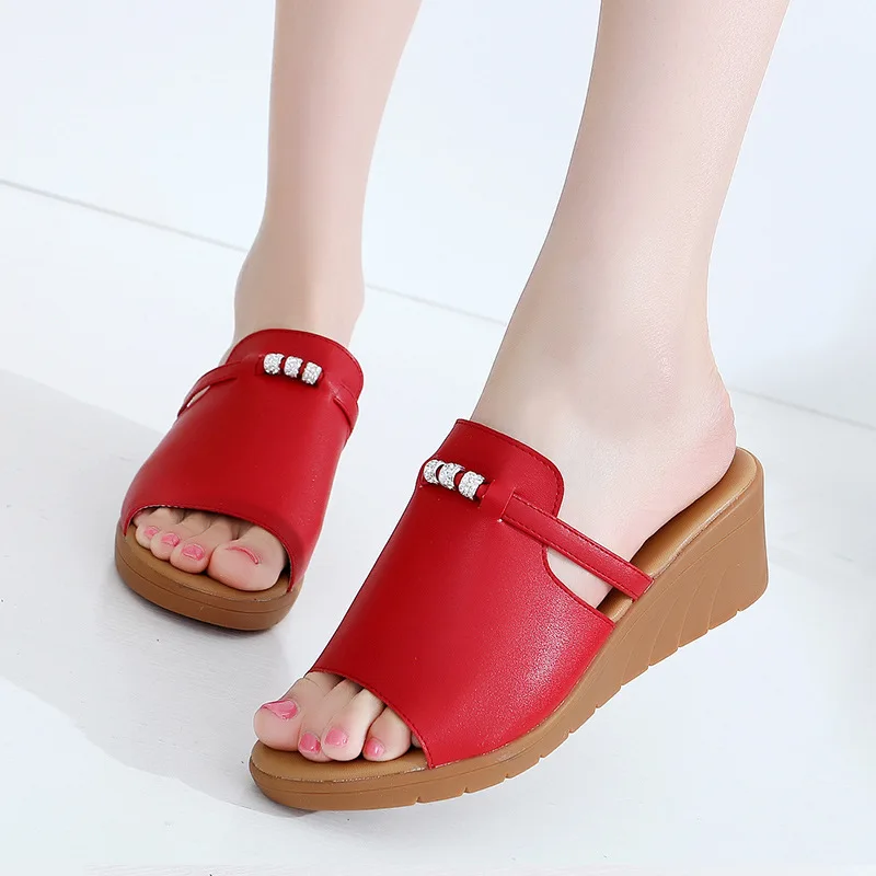 Qiannml Med Heels Women's Wedges Slides Summer Split Leather Shoes 2021 Rhinestone Platform Slippers Woman Plus Size Shoe | Обувь