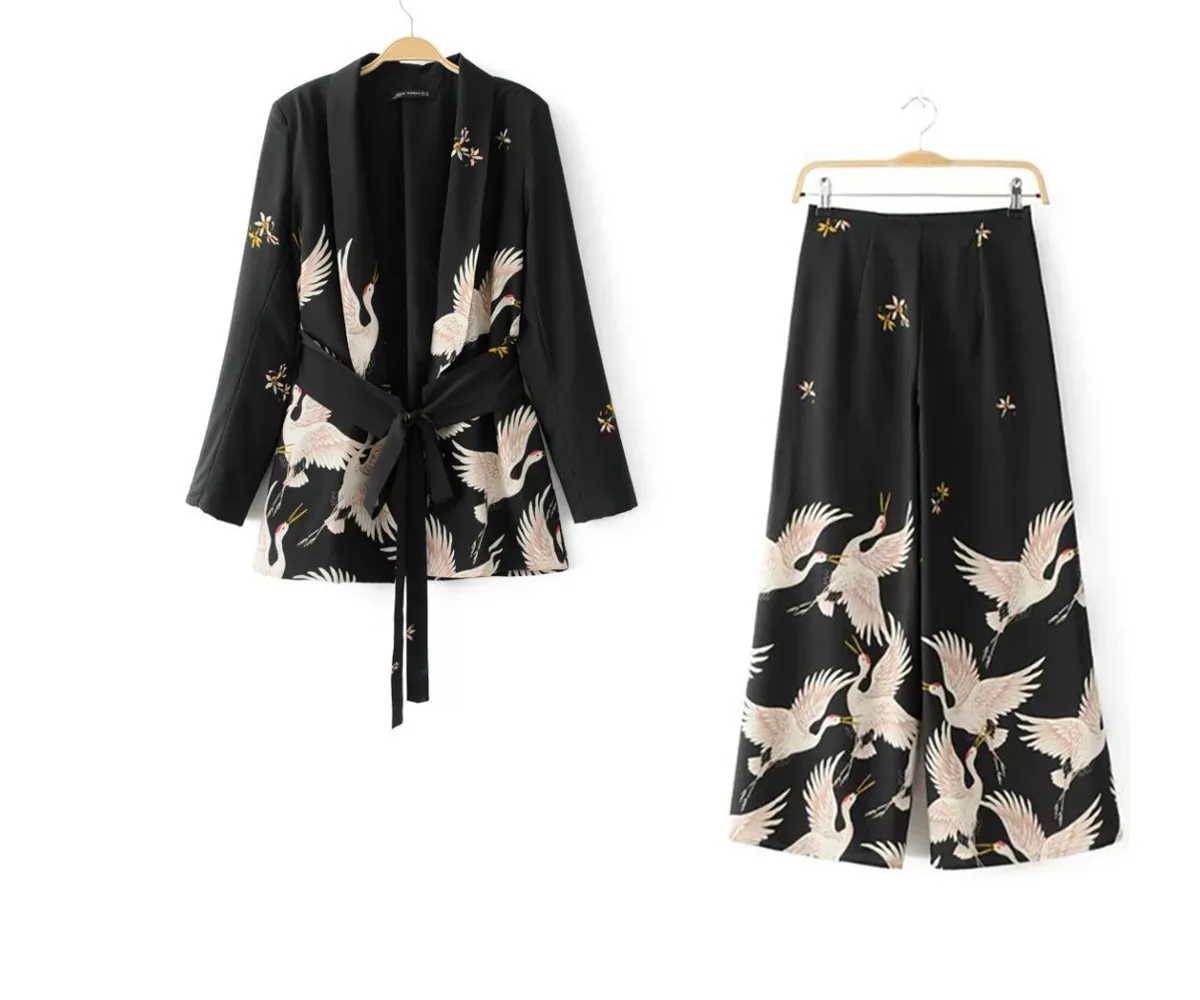 BLAZER AND PANT Новинка, женские винтажные комплекты одежды Palazzo, блейзер с принтом крана, широкие брюки ретро, женская одежда с принтом птицы, брючный костюм - Цвет: BLAZER AND PANT