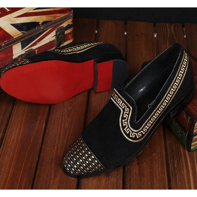 2016 New Fashion Men Loafers Embroidery National Style Drilling Creepers Red Bottom Dress Flats Black Leather Moccasins | Обувь