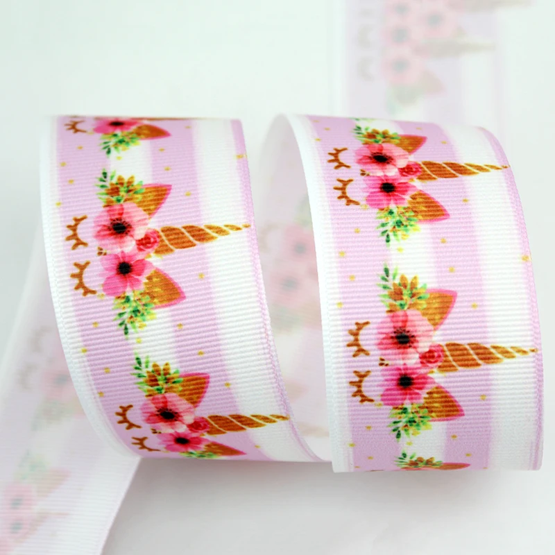 Розовая полоса мультфильм Единорог цветок напечатанный grosgrain лента 38 мм свадебное украшение ленты для самодельные Луки Лента для поделок
