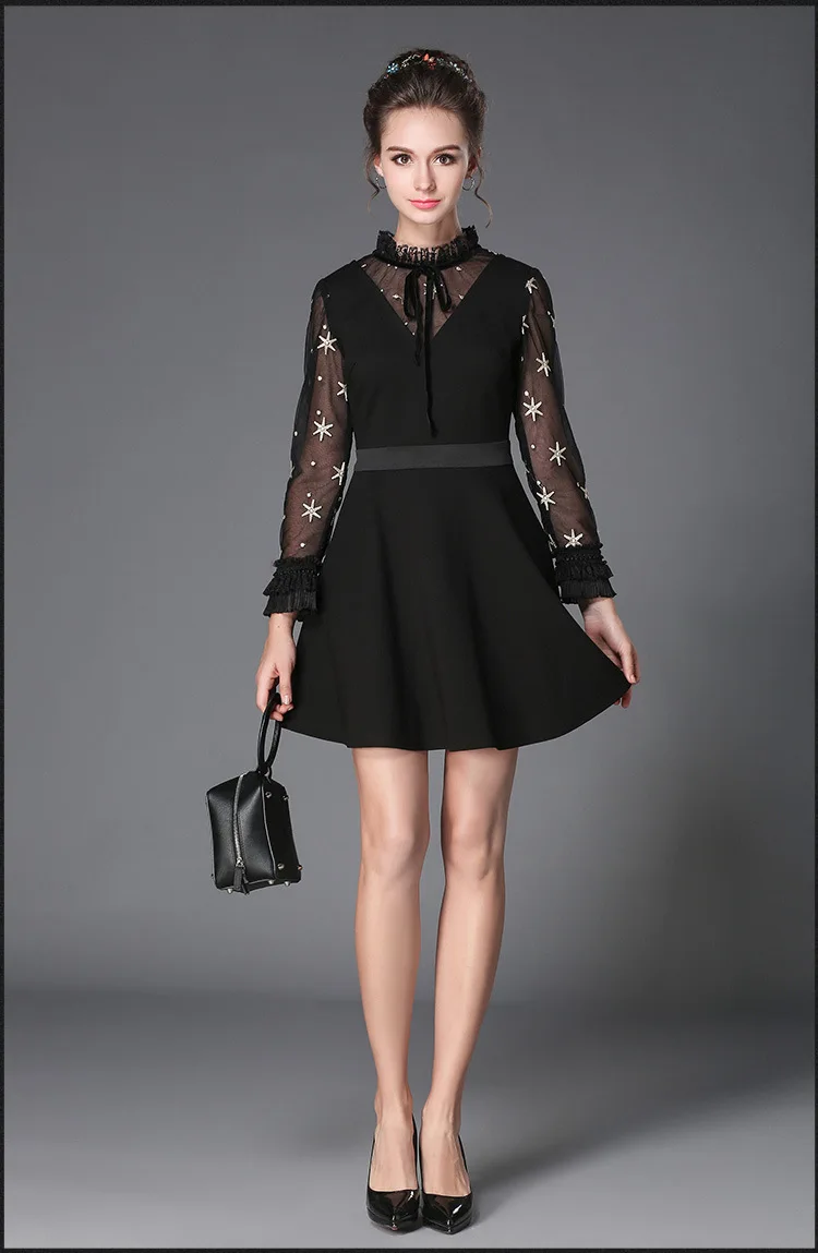 2017 осенняя мода Дамское элегантное платье размера плюс Кружевная Сетка вышивка