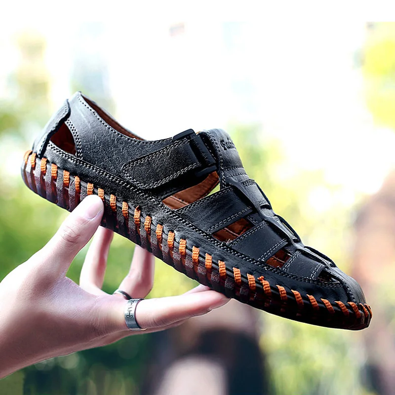 

Soft Leather Sandals Men Shoes 2019 Summer Beach Sandals Leather Men Sandals Male Shoes Flat Non-slip Soft Summer Shoes A748
