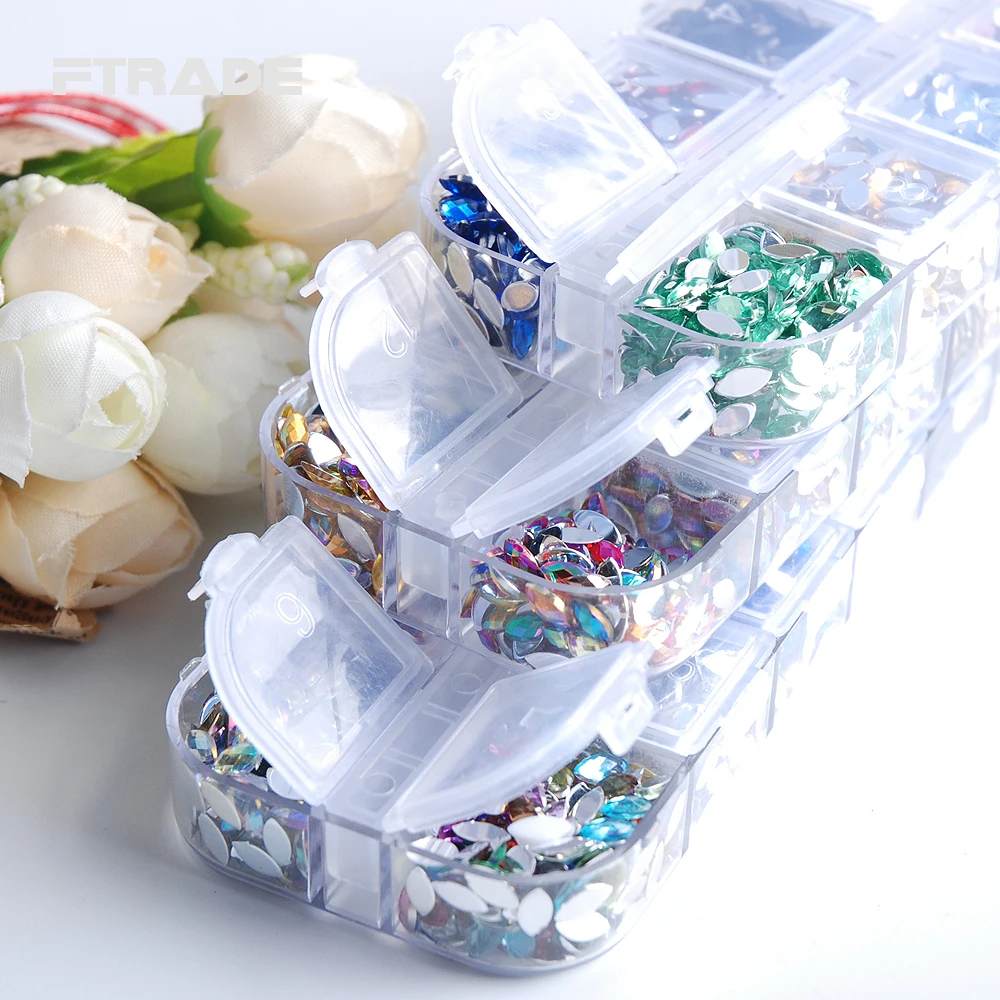 3x6mm Acrylic Horse Eye Marquise Glitter Nail Art Rhinestones 12 Color/Box About 1700pcs For Nails DIY Decorations Wedding Dress | Дом и сад