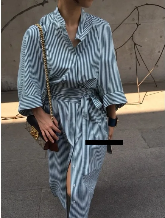 Женское платье рубашка в полоску Длинное свободное винтажном стиле зеленое