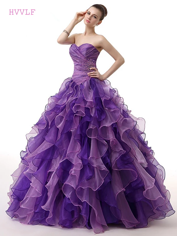 

Purple Puffy Cheap Quinceanera Dresses Ball Gown Sweetheart Organza Beaded Ruffles Sweet 16 Dresses