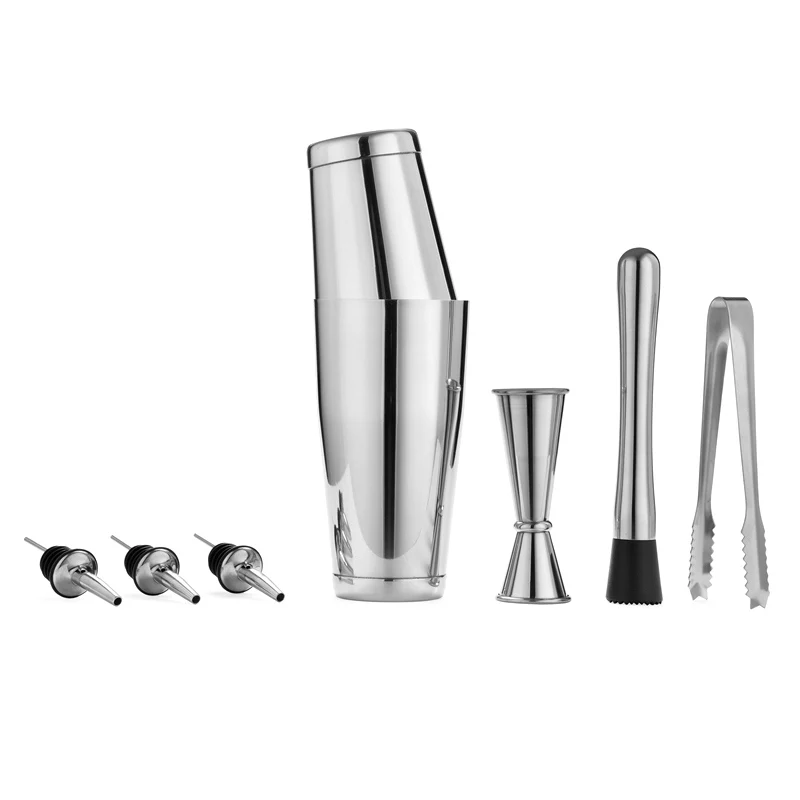 

Premium 7 Pieces Boston Shake Set: Boson Shaker Tins, 25/50ml Double End Jigger, Muddler, Ice Tong & 3x Pourers