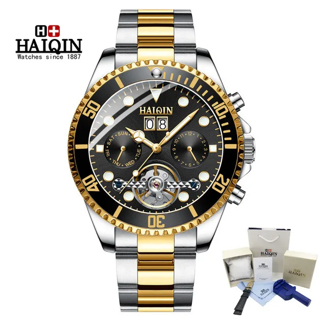 HAIQIN мужские часы Топ бренд класса люкс Tourbillon механические часы для мужчин бизнес Нержавеющая Сталь военные часы Relogio Masculino - Цвет: gold black