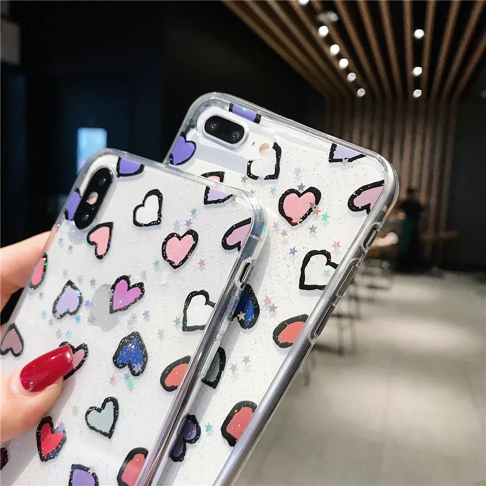 Glitter love heart phone cover carcasa for Apple iPhone X XR XS MAX 6s 8 plus 6 7 cell cases |