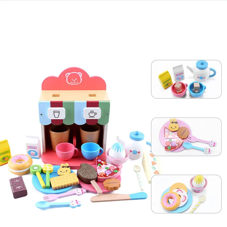 Дети кухонная деревянная игрушка кофе машина игрушка Ресторан деревянные игрушки комплект с пончик, хлеб торт конфеты игрушка