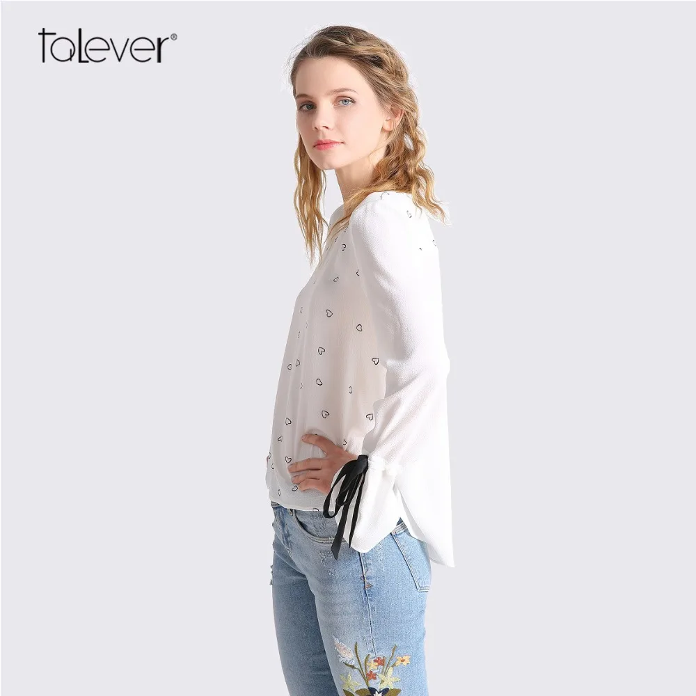 Women Fashion Chiffon Blouse Spring Casual Black Bow Ribbon Flare Sleeve Female Shirt Floral Printed White elegant Talever |