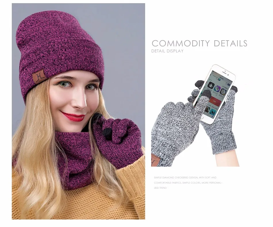 IWINTER 3 Pieces Комплект женщин Зимняя шляпа и перчатки наборы Хлопок Unisex Hat Шарф перчатки Установить твердой шляпы и шарф для женщин Мужчины