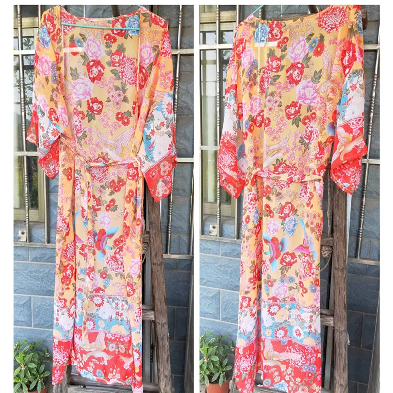 NODELAY 2019 Summer Flower print Bikini Cover Up Loose Beach Dress Women Pareo Long Chiffon Cardigan Kaftan Robe de Plage |