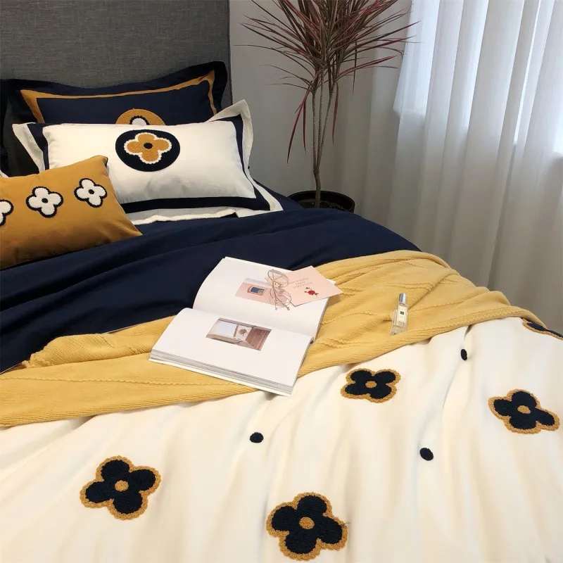 Белый синий желтый Четырехлистный Клевер вышивка Египетский хлопок