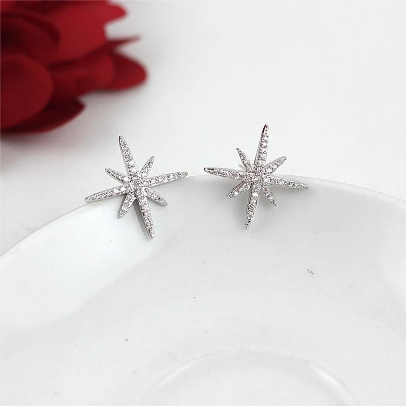 

Sole Memory Exquisite Zircon Snowflake Star Anise Star Creative Sweet Silver Color Fashion Female Stud Earrings SEA536