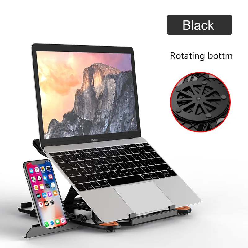 Black Rotating 360 Вращающаяся подставка для ноутбука Складная подставка для ноутбука Macbook Lenovo держатель для ноутбука охлаждающий кронштейн для компьютера с держателем для телефона - Цвет: Black Rotating