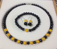 hot selling free shippingnatural 7 8mm black yellow cultured pearl necklace bracelet earring set
