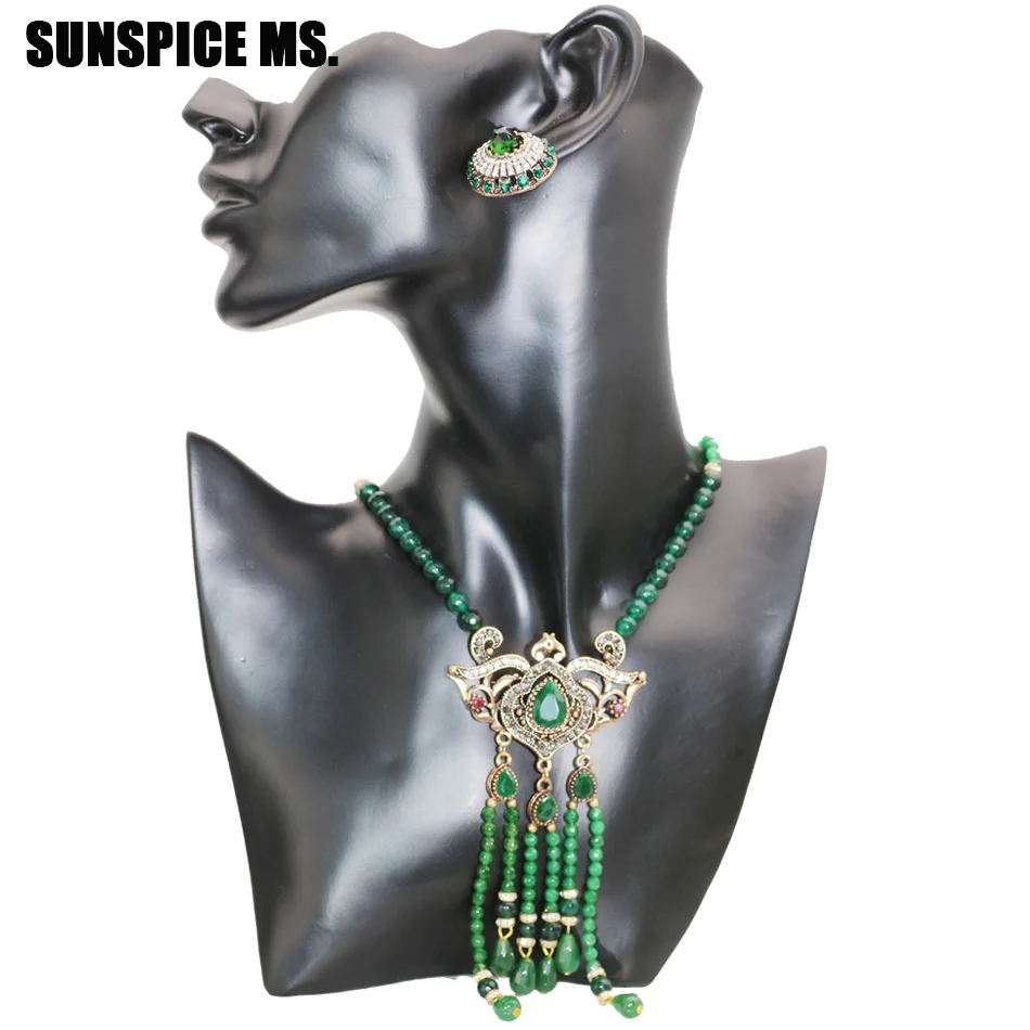 SUNSPICE MS Vintage Indian Wedding Red Natural Stone Jewelry Set Crystal Earring Long Bead Charm Necklace Antique Gold Color New | Украшения