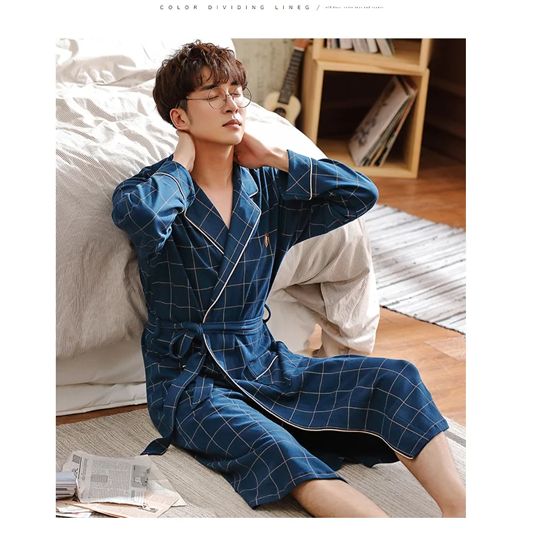 Новинка хлопок Yukata Мужская Высококачественная брендовая клетчатая одежда с длинными рукавами и отложным воротником Стильная мужская хлопковая одежда для сна нижнее белье халат