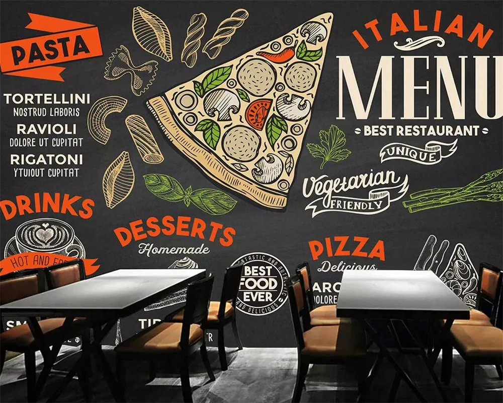 beibehang Wallpaper mural hand-painted blackboard restaurant pizza shop background wall 3d wallpaper food tooling | Обустройство дома