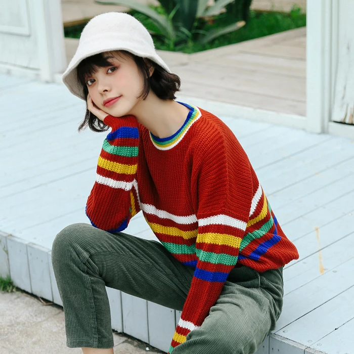 Женские Повседневные свитера Kawaii Ulzzang японский колледж Свободный Полосатый