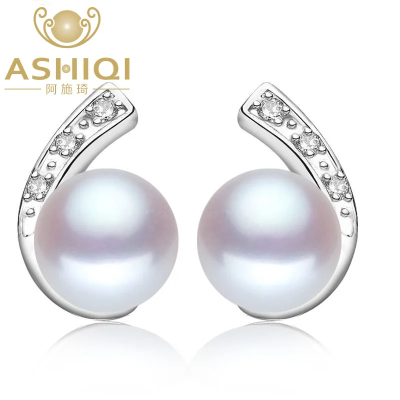 ASHIQI 100% натуральный пресноводный жемчуг серьги гвоздики для женщин жемчужные
