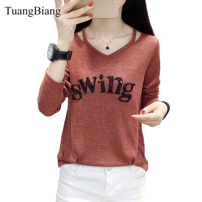 Женская футболка с длинным рукавом Повседневная Корейская v образным вырезом и