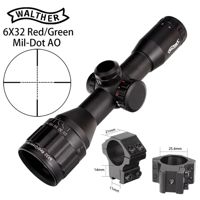 WALTHER 6x32 AO мини Mil-Dot двойной цвет с подсветкой сетка охотничий прицел тактический оптический прицел - Цвет: 4