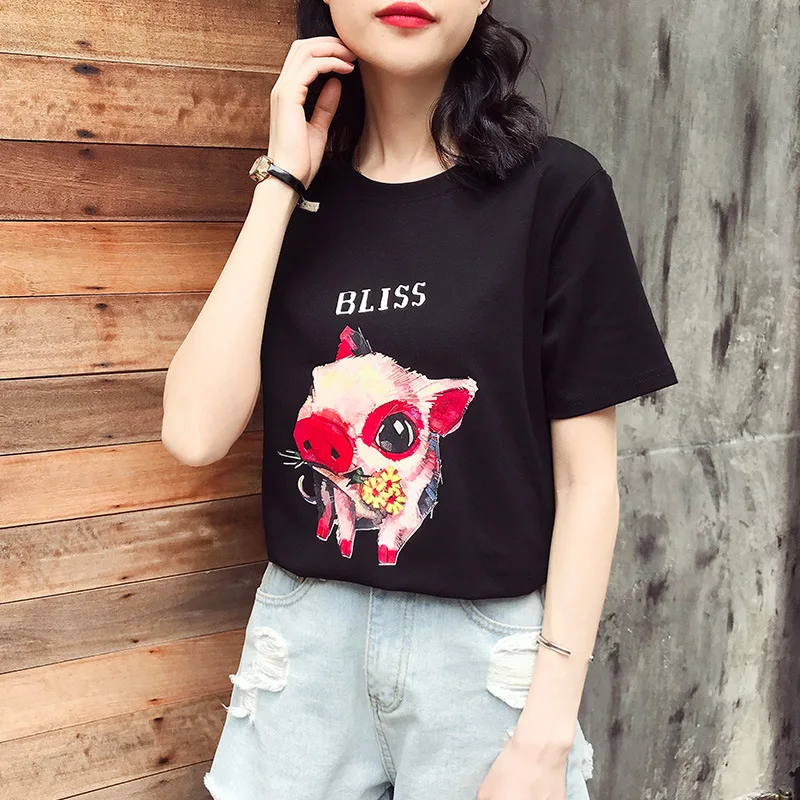

2020 New Summer Ladies T-shirt Round Neck Short-sleeved Pig Print Cotton T-shirt Korean Street Ladies T-shirt