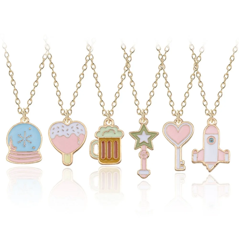 

1 PC Cute Beer Mug Love Star Stick Key Small Spaceship Blue Ball Shaped Pendant Necklace Women Creative Jewelry Chain Necklaces