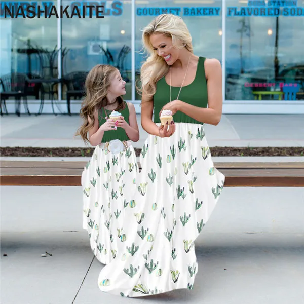 Cactus NASHAKAITE/платья для мамы и дочки; повседневное длинное платье в стиле пэчворк без рукавов с цветочным рисунком для мамы и дочки; одежда «Мама и я» - Цвет: Cactus
