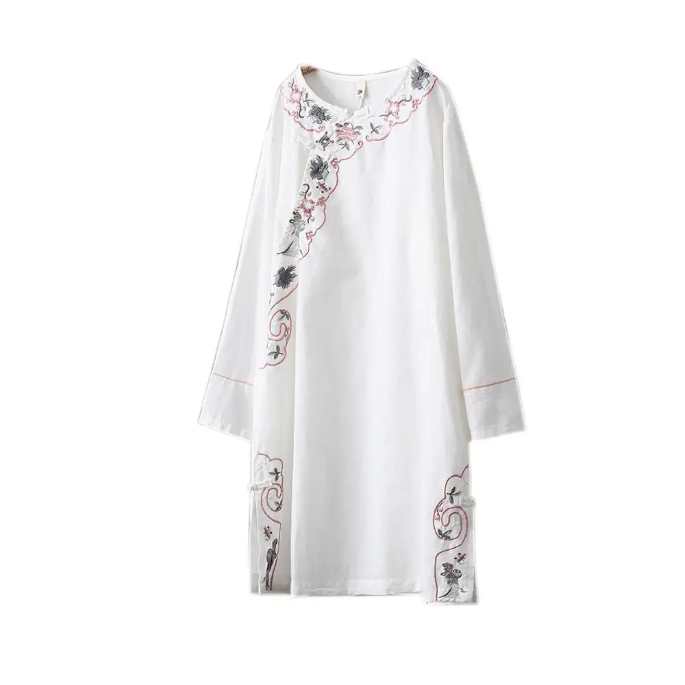 National Style Literary Embroidery Plate Button Shirt Long Section Cotton Linen Tea Service Zen Clothing Sen Female |