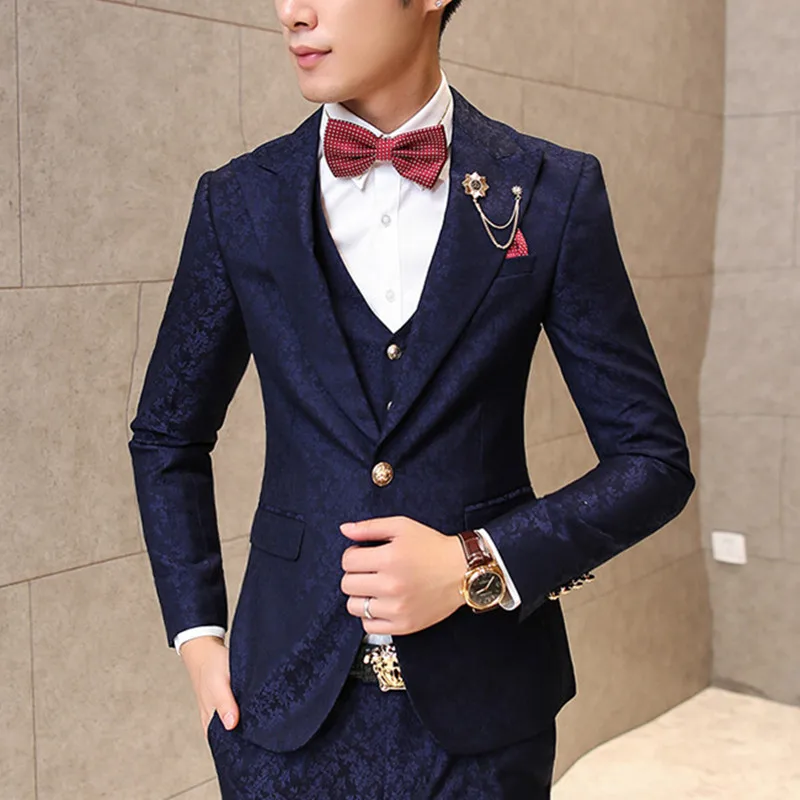 Burgundy Suits men Wedding Groom 20178 Men Flroal Suit Luxury Vintage Prom Party Printed R Jacket+vest+pant | Мужская одежда